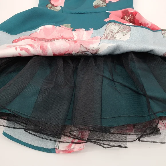 David's Bridal City Triangles Teal and Pink Lace Back Floral Mini Dress - Picture 11 of 14